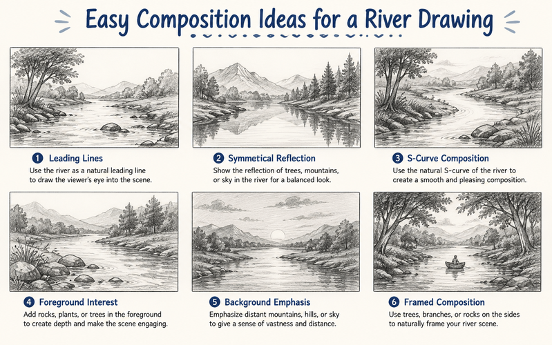 easy composition Ideas for a river drawing
